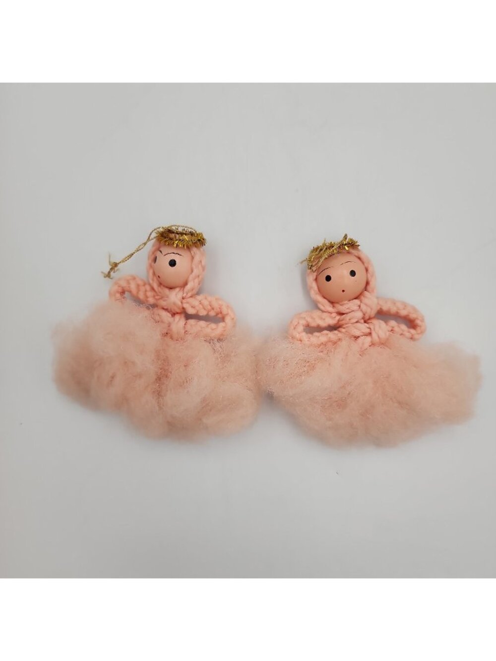 Vintage wood head ANGEL Christmas tree ornaments tinsel Halo FLUFFY Skirt Set 2